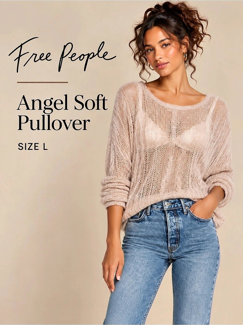 Free People Angel Soft Pullover Semi Sheer Open Knit Sweater Neutral L